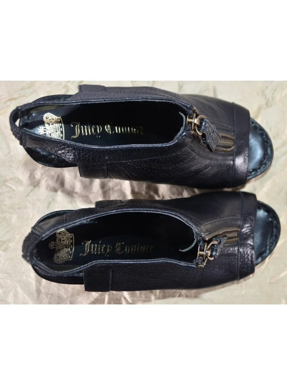 Juicy Couture Leather Front Zip Peep Toe Sling Back Heels Black Size 10